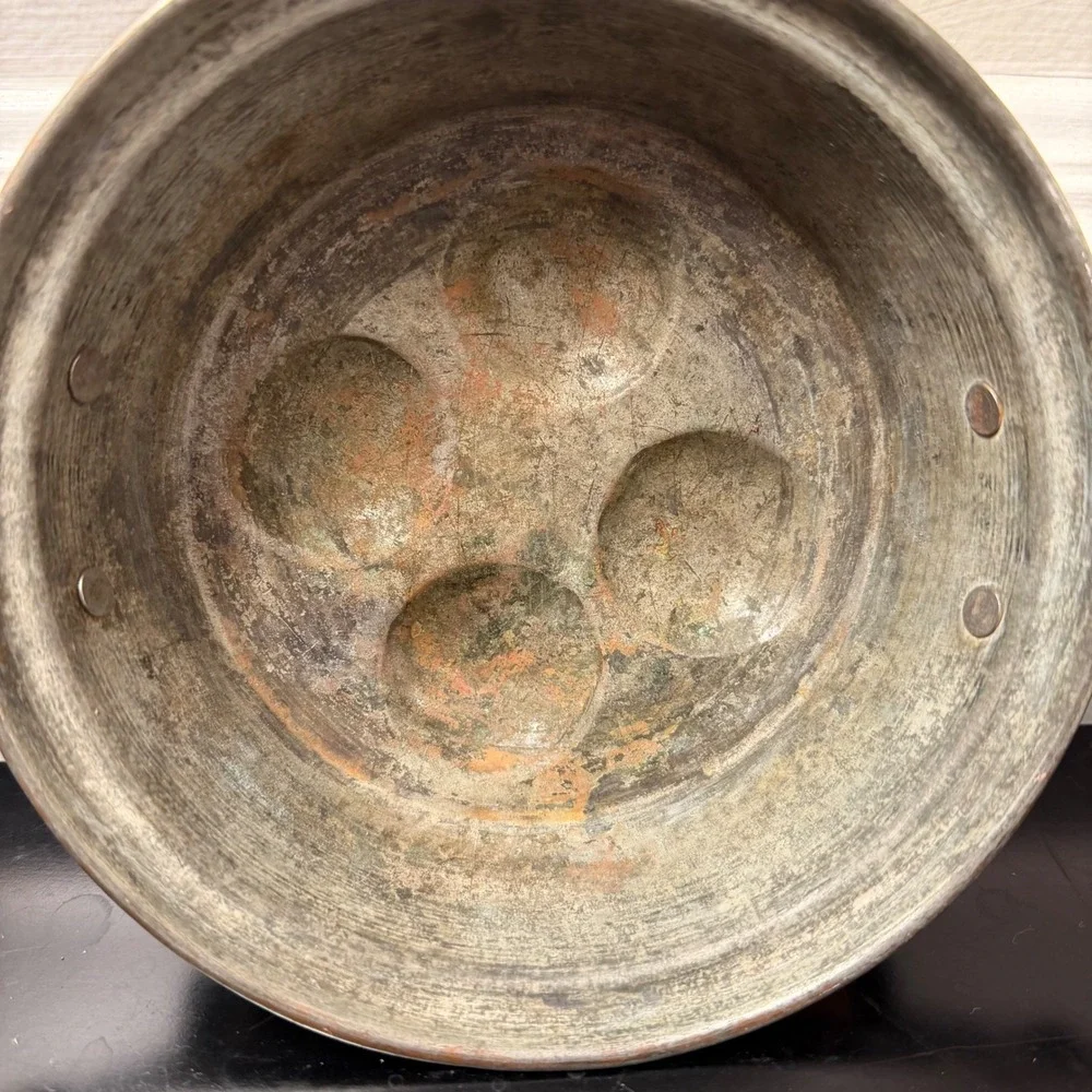 Antique Copper Escargot Poached Egg Pan 4‎ Well Brass Handles Rustic Cookware